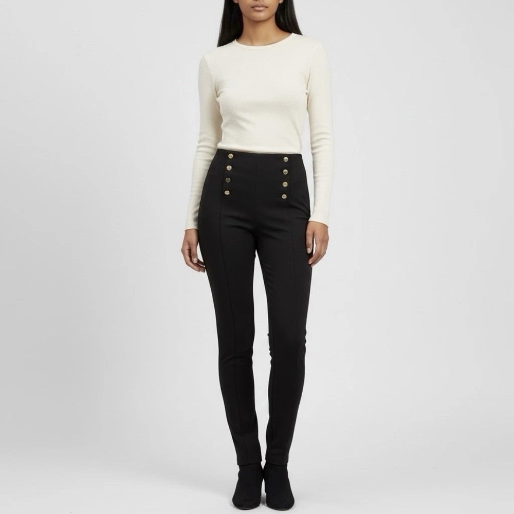 Zara Black Pants M Gold Buttons Ponte Stretch Nautical Slim Pull On Elastic